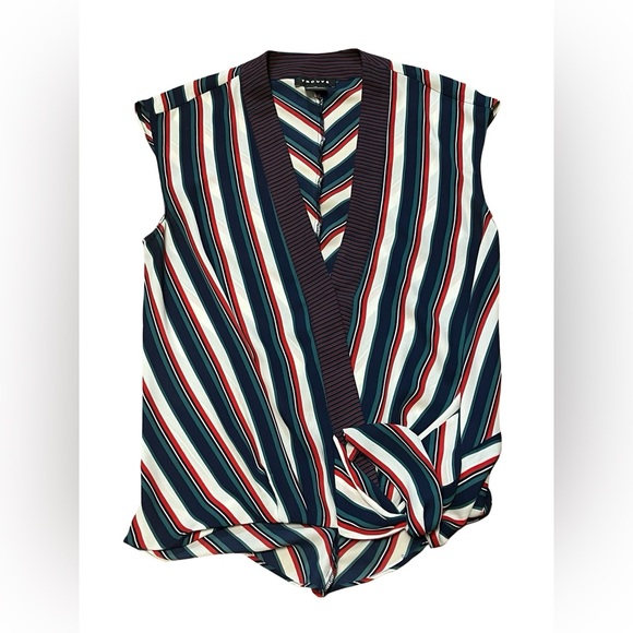 Trouvé Top V Neck Wrap Style Blouse Sleeveless Striped Tie Front Sz XS Workwear - Picture 2 of 5